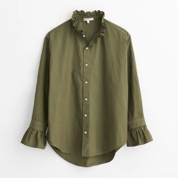 Alex Mill || Easy Ruffle Shirt in Paper Poplin Dusty Olive Green Large