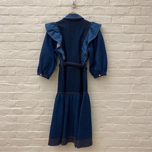 FARM Rio || Patch Denim Midi Dress Belted Ruffle Jean Button Front Blue Small