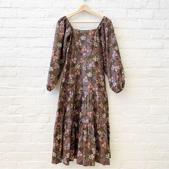 Summersalt || The Tiered Puff Sleeve Dress Cotton Poplin Brown Floral Small