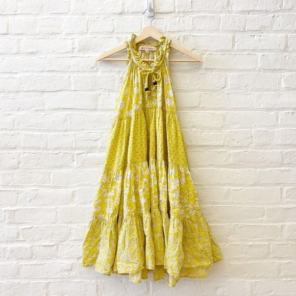 Ro's Garden || Sofia Tiered A-line Mini Dress Floral Block Print Yellow XS