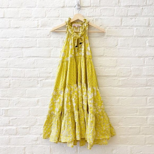 Ro's Garden || Sofia Tiered A-line Mini Dress Floral Block Print Yellow XS