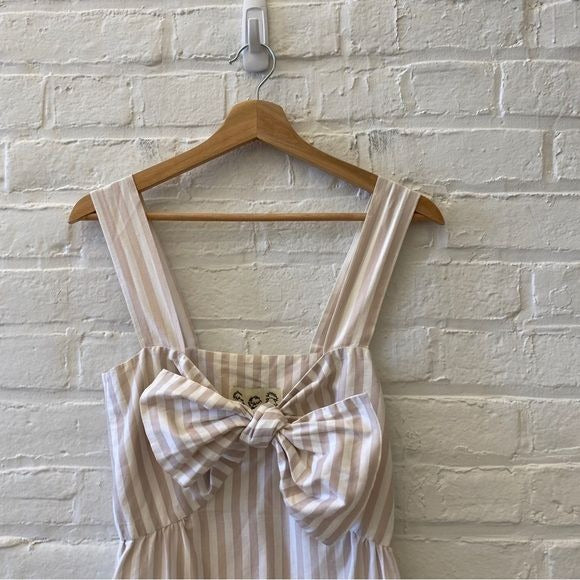 Sea New York || Bow Keyhole Tie Front Striped Dress Tan White 6