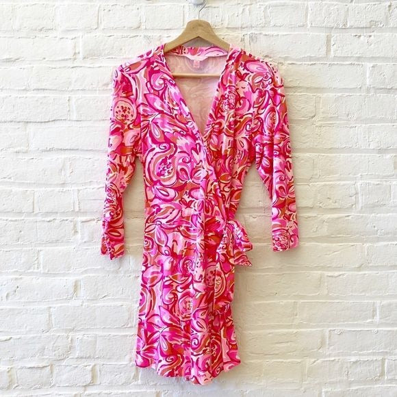 Lilly Pulitzer || Karlie Wrap Romper in Mango Salsa Pink Medium