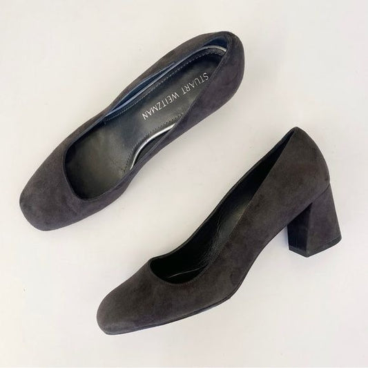 Stuart Weitzman || Marymid Suede Block Heels in Anthracite Dark Gray 8.5