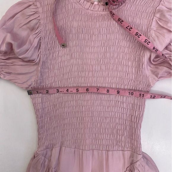 Olivaceous || Smocked Tiered Ruffle Mini Dress Satin Pink Small