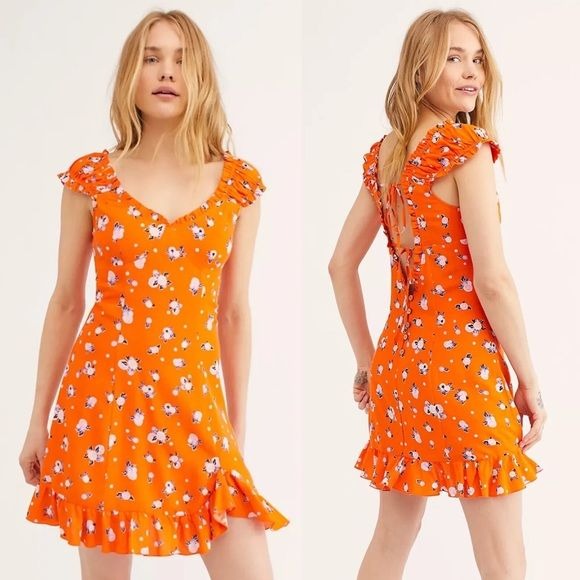 Free People || Like A Lady Floral Ruffle Mini Dress Orange Small Open Back Tie S