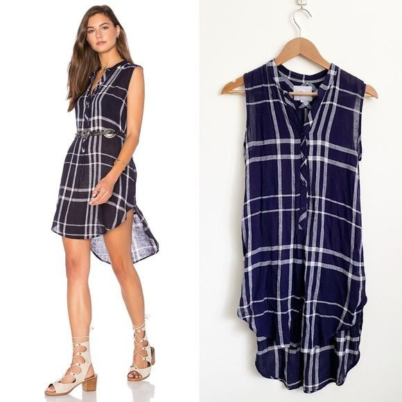 Rails || Jules Linen Blend Tunic Dress in Navy & Vanilla Plaid XS