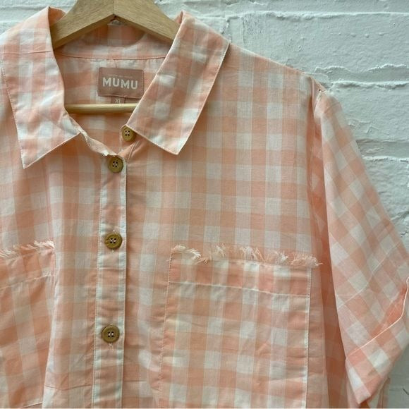 Show Me Your Mumu || Ciao Antonella Button Down Shirt Peach Gingham Raw Hem XL