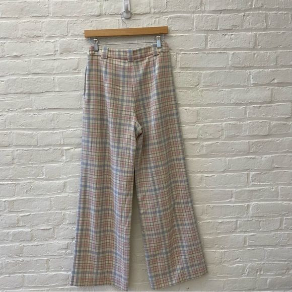 Sezane || Loulou Trousers Wide Leg Pants Wool Plaid Ivory Blue Pink 36 US 4