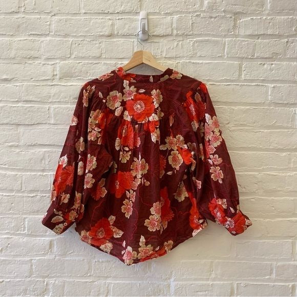 Anthropologie || Porridge Floral Puff Sleeve Button Down Red Medium