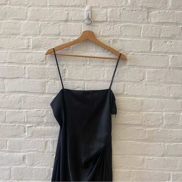 Zara || Satin Midi Slip Dress with Slit Silky Black XL