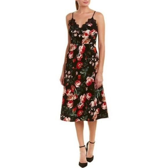 Anthropologie || Foxiedox Lace Trim Floral Fit & Flare Midi Dress Black XSP NWT