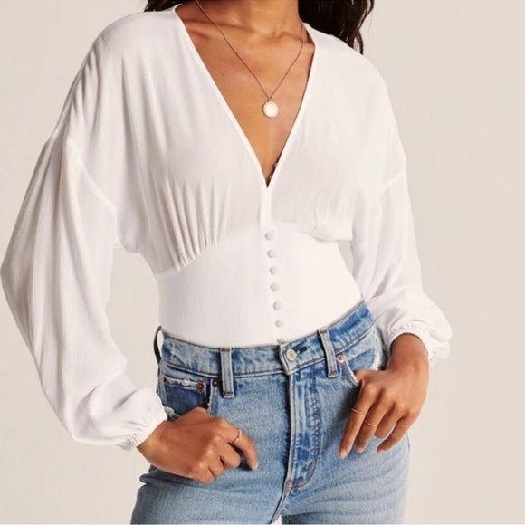 Abercrombie || Button-up Smock Waisted Plunge Blouse White XL