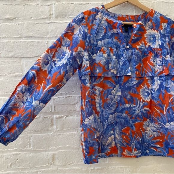 J. Crew || Long Sleeve Ruffle Top in Ratti Rio Palm Floral Red + Blue XS