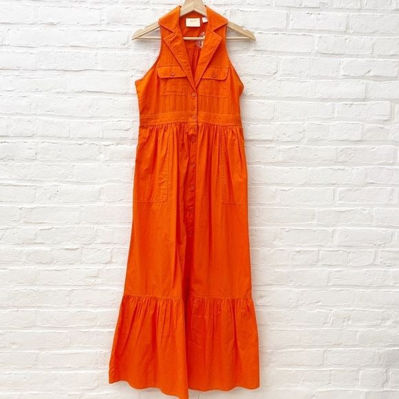 Anthropologie || Maeve Sleeveless Collared Shirtdress in Orange Red 2 NWT