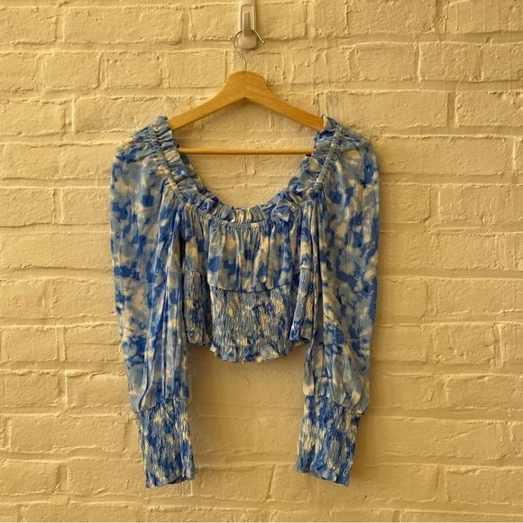 Faithfull The Brand || Willow Top Smocked Crop Long Sleeve Tie Dye Blue 2 XS NWT