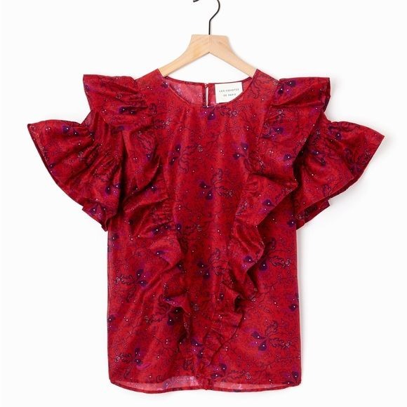 Les coyotes de Paris || Tina Ruffle Floral Silk Blend Top Red Pink 36