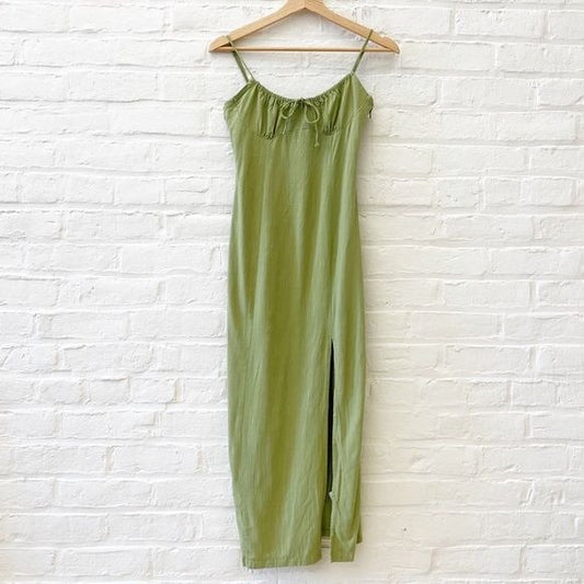 Zara || Peasant Midi Dress Tank Sundress Slit Tie Green Small