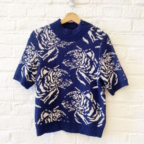 Anthropologie || Maeve Divendra Sweater Short Sleeve Mock Neck Tiger Navy Blue M