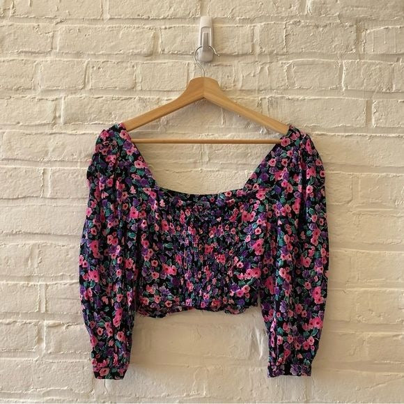 Zara || Puff Sleeve Crop Blouse Floral Black Pink Purple Small