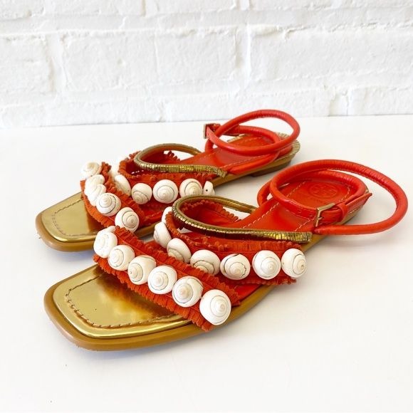 Tory Burch || Sinclair Seashell Sandal Strappy Fringe Gold Orange Red 7.5