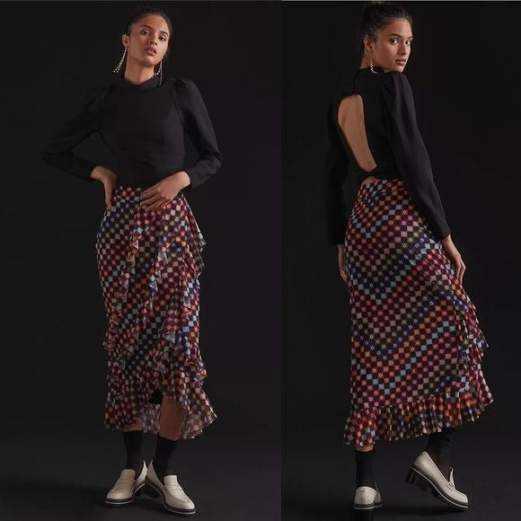 Anthropologie || FARMRio Ruffle Maxi Skirt Black Check Grid Spell Out Small