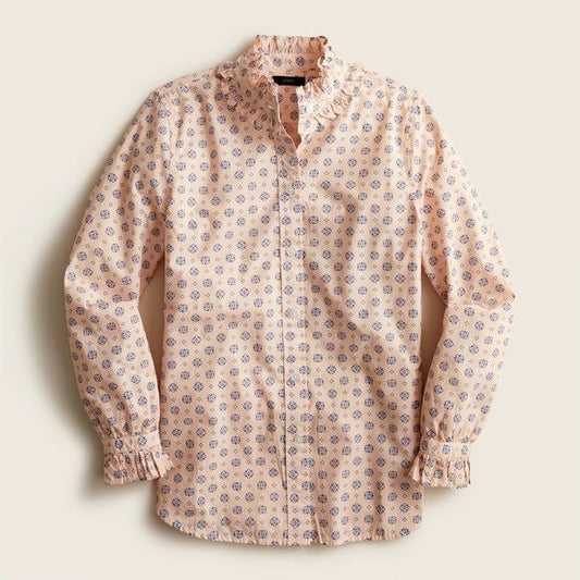 J. Crew || Classic-fit Ruffleneck Button Down Shirt Medallion Print Pink 18