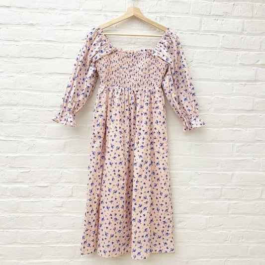 English Factory || Smocked Floral Cotton Midi Dress Pink Blue XS