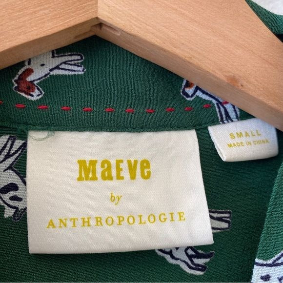 Anthropologie || Maeve Adagio Dog Print Ruffled Blouse Bow Neck Green Small