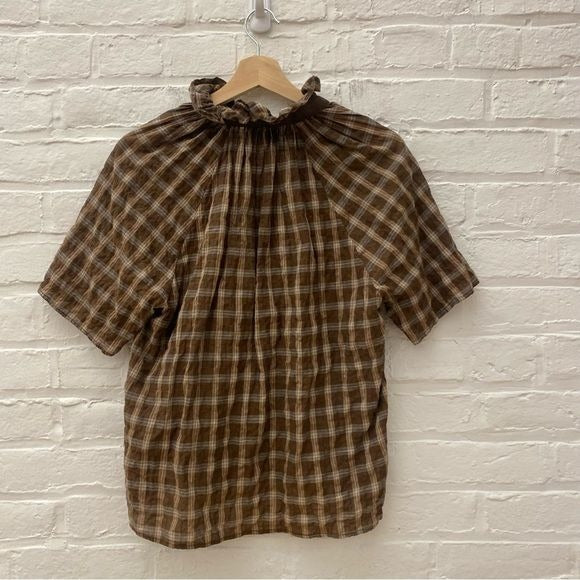 A Shirt Thing || Margot Plaid Top in Hazelnut Brown Ruffle Standing Collar P