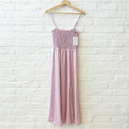 RESA || Ashley Smocked Midi Dress Slit in Montauk Purple Gingham Small NWT