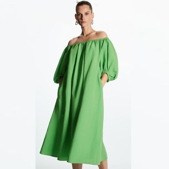 COS || Linen Blend A-Line Puff Sleeve Dress Green 6