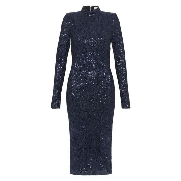 Rebecca Vallance || Andree Dress Long Sleeved High Neck Midi Navy Sequined 0