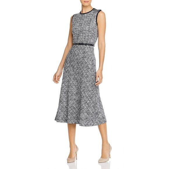 Max Mara || Spadino Tweed Midi Dress Fit Flare Shoulder Buttons Navy 2