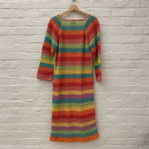 FARM Rio || Striped Crocheted Cotton Midi Dress w/ Slip Tassels Rainbow S NWT