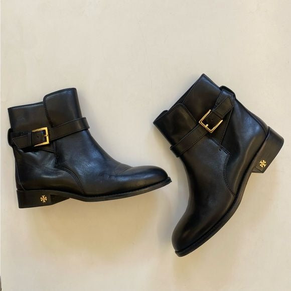 Tory Burch || Brooke Harness Moto Ankle Boots Leather Black Gold 7.5