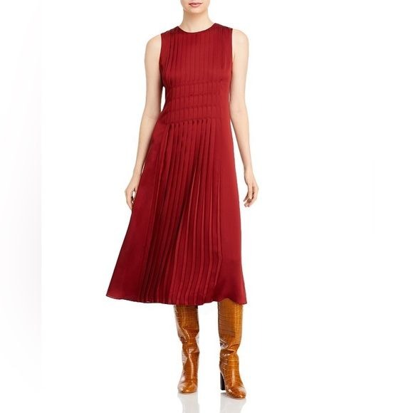 Lafayette 148 New York || Sandrine Pleated Satin Midi Dress Brick Red XS