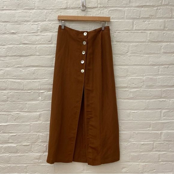 Zara || Linen Blend Two Piece Crop Midi Skirt Set Buttons Slit Brown Small NWT