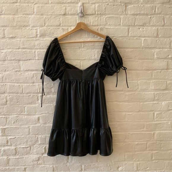 Amanda Uprichard || Sicily Babydoll Tiered Mini Dress Faux Leather Black Small