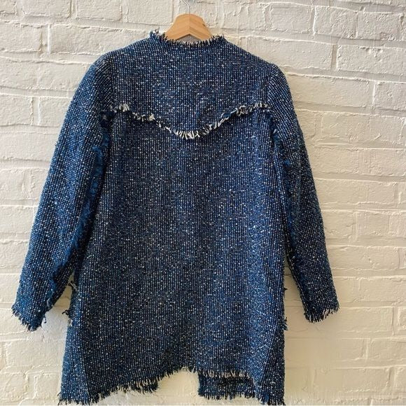 Bimba y Lola || Tweed Fringe Open Front Topper Coat Jacket Blue Black XS