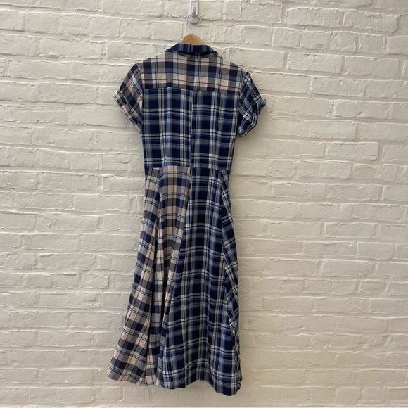 Anthropologie || Pilcro Plaid Shirt Dress Tie Waist Midi Blue XS