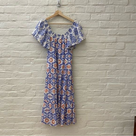 Anthropologie || Ro's Garden Jenna Midi Dress in Blue Orange White XS NWT