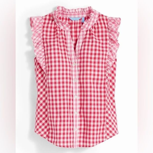 Draper James || Sleeveless Ruffle Button Down Gingham Top in Pink White XS