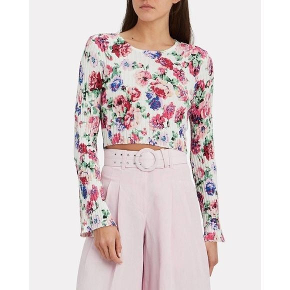 Ronny Kobo || Magda Ribbed Floral Crop Top Bell Sleeve White Pink Medium