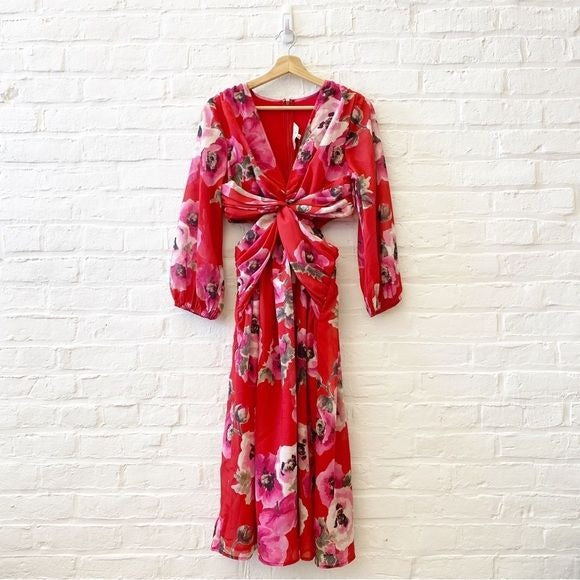 Anthropologie || Ranna Gill Long Sleeve Cutout Midi Dress Floral Red Pink S NWT