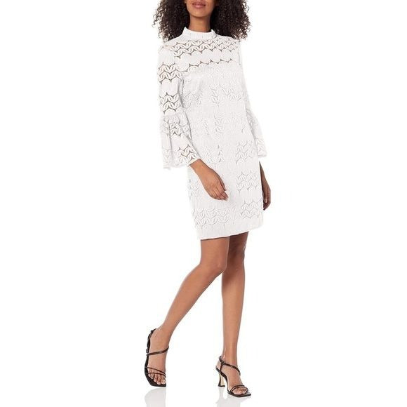 Trina Turk || Lace Illusion Shift Dress with Bell Sleeves White Bridal 10