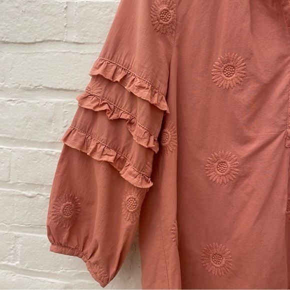 Anthropologie || Isabella Sinclair Embroidered Boho Peasant Blouse Pink Coral S