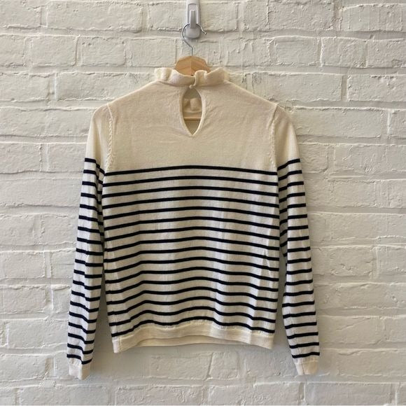 Sezane || Raphael Jumper Breton Stripe High Ruffle Neck Wool Ivory Navy Small