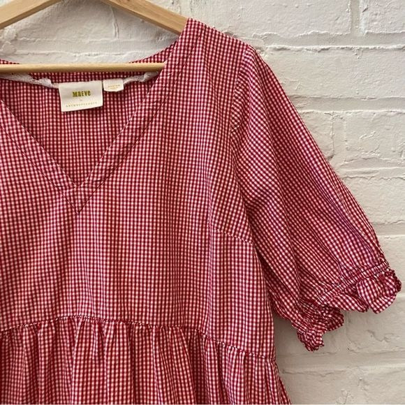 Anthropologie || Maeve Gingham Puff Sleeve Tunic Top V Neck Red White Medium