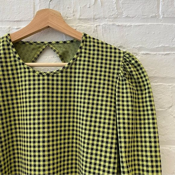 Amanda Uprichard || Jilly Top Blouse Puff Sleeve Open Back Lime Green Gingham L